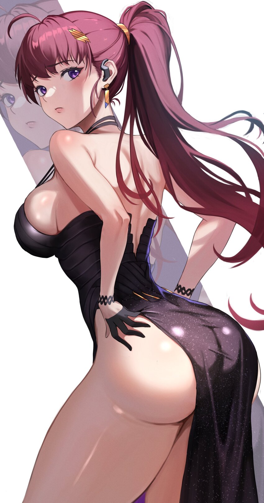 1girl, absurdres, ahoge, ass, bare_shoulders, bent_over, black_dress, black_gloves, black_shoes, blush, breasts, cleavage, cocktail_dress, collarbone, criss-cross_halter, cup, dolla_(dark_rose)_(nikke), dolla_(nikke), dress, drinking_glass, earpiece, embarrassed, from_behind, gloves, goddess_of_victory:_nikke, hair_ornament, hairclip, half_gloves, halterneck, highres, horai_sennkyo, large_breasts, leaning, leaning_forward, legs, long_hair, looking_at_viewer, looking_back, multi-strapped_dress, multiple_views, no_bra, no_panties, official_alternate_costume, pelvic_curtain, ponytail, purple_eyes, purple_hair, shoes, side_slit, sideboob, sleeveless, sleeveless_dress, spaghetti_strap, standing, thick_thighs, thighs, very_long_hair