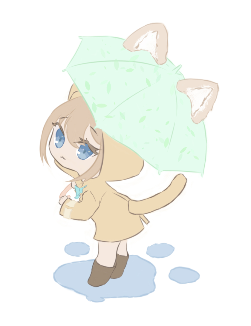 1girl, :<, animal_ears, animal_hands, blue_eyes, boots, bow, bowtie, brown_boots, cat_ear_umbrella, cat_ears, cat_tail, chibi, closed_mouth, green_bow, green_bowtie, green_umbrella, hair_between_eyes, holding, holding_umbrella, hood, hood_up, hooded_coat, indie_virtual_youtuber, kanranzk, light_brown_hair, long_sleeves, looking_at_viewer, looking_to_the_side, neuro-sama, raincoat, sidelocks, simple_background, solo, standing, tail, tail_under_clothes, umbrella, virtual_youtuber, white_background, yellow_raincoat