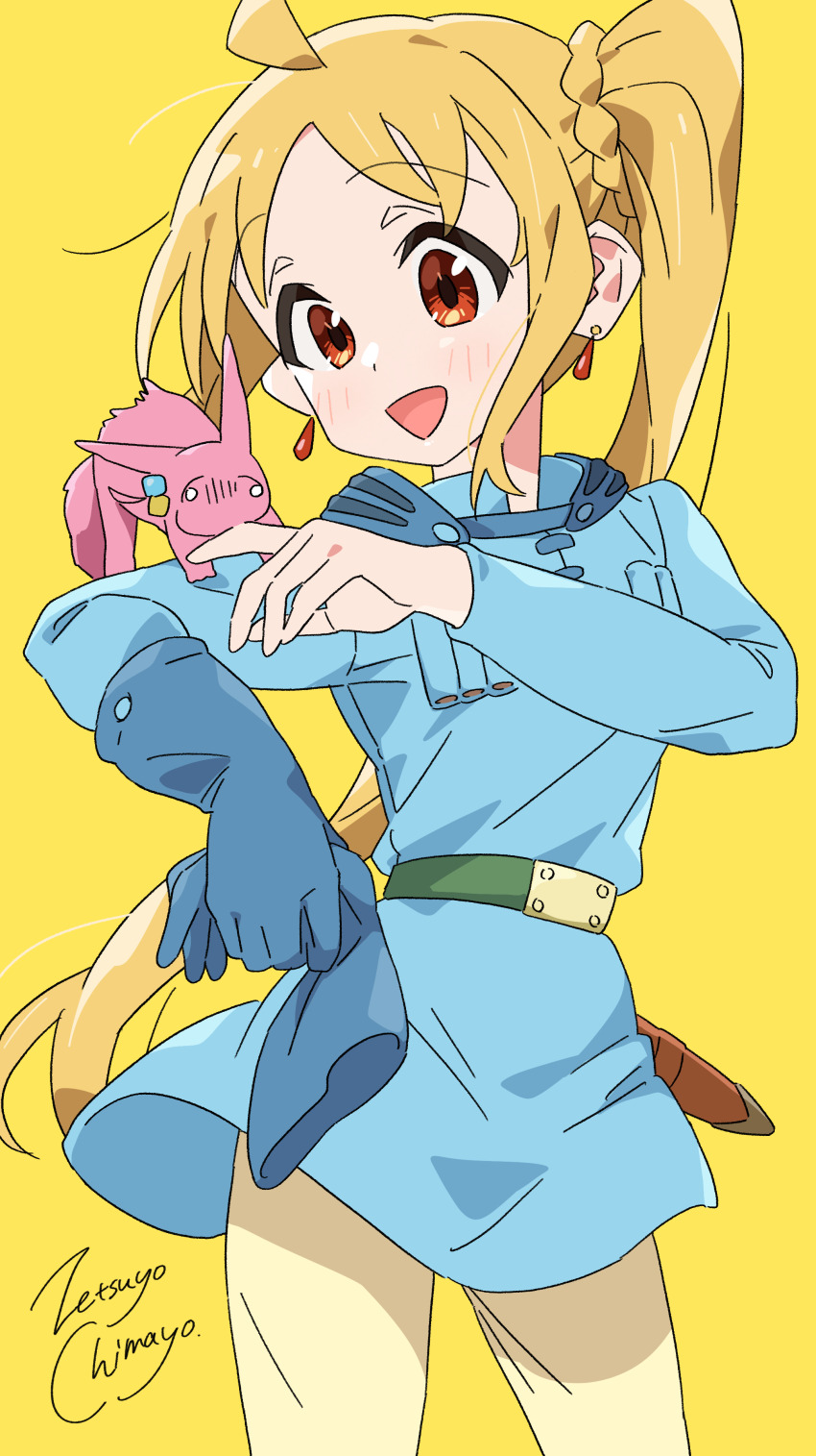1girl, :d, absurdres, artist_name, belt, blonde_hair, blue_gloves, blue_jacket
