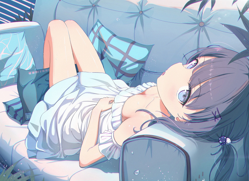 1girl, absurdres, bare_shoulders, black_hair, blue_eyes, blush, breasts, cleavage, collarbone, couch, downblouse, dress, frilled_dress, frills, full_body, hair_bobbles, hair_ornament, hairclip, hand_on_own_stomach, hano_1219, highres, knees_up, looking_at_viewer, lying, off-shoulder_dress, off_shoulder, on_back, on_couch, original, parted_lips, pillow, short_twintails, small_breasts, solo, twintails