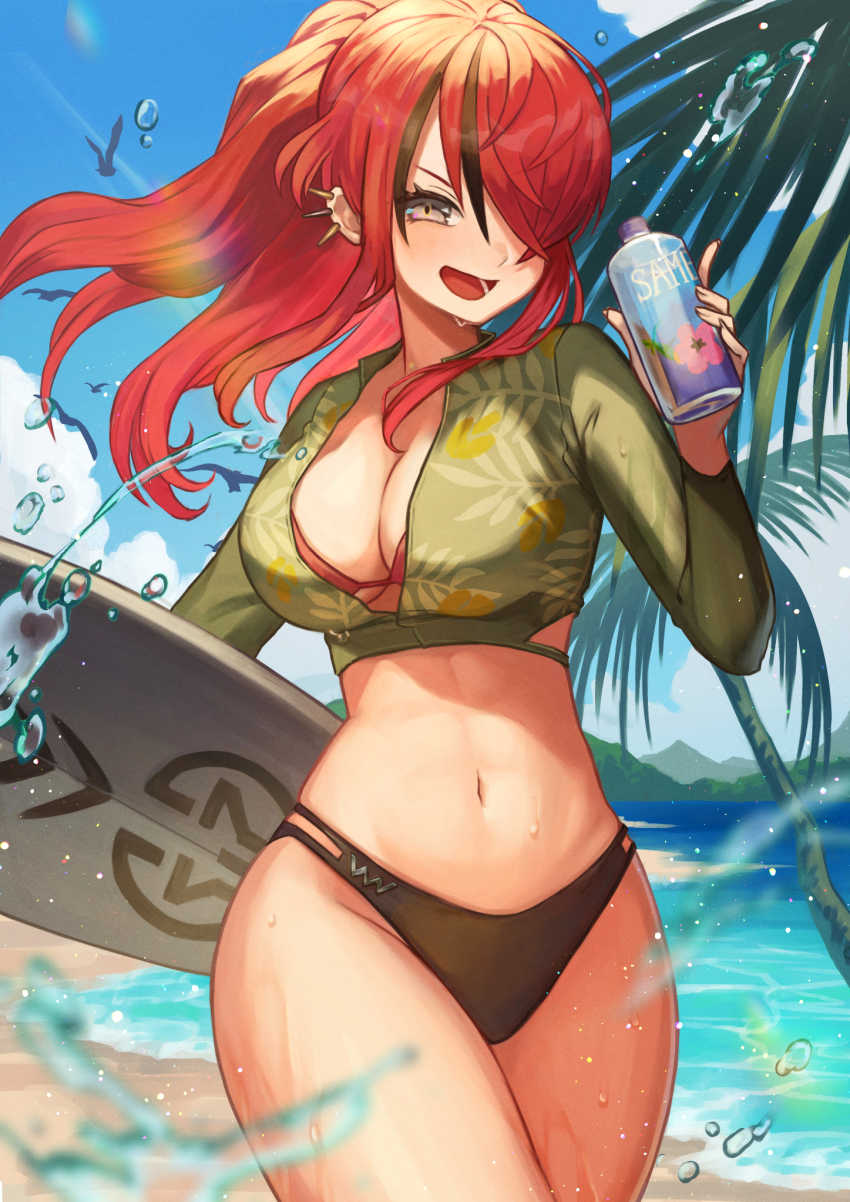 1girl, beach, bikini, black_hair, bottle, breasts, commentary_request, cropped_jacket