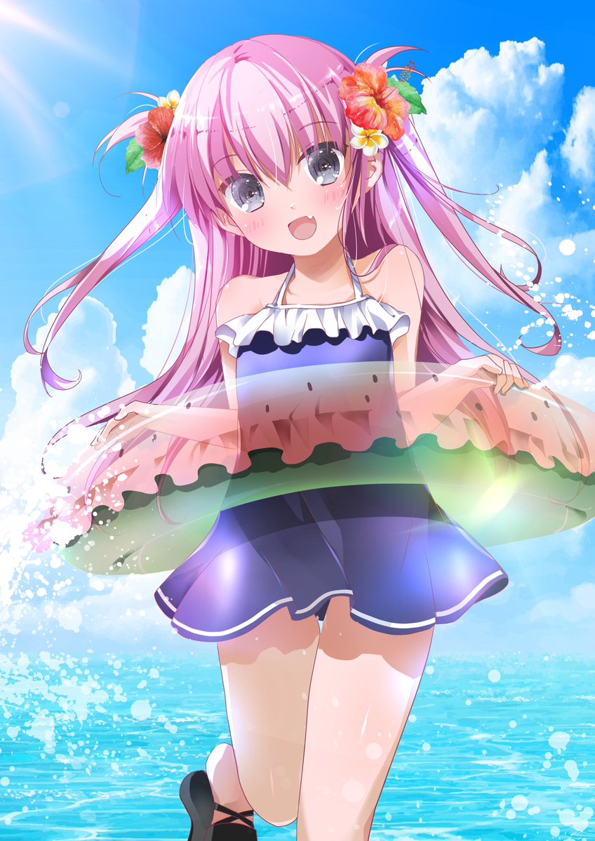 1girl, :d, asahina_yori, bare_arms, bare_shoulders, black_footwear, blue_one-piece_swimsuit, blue_sky