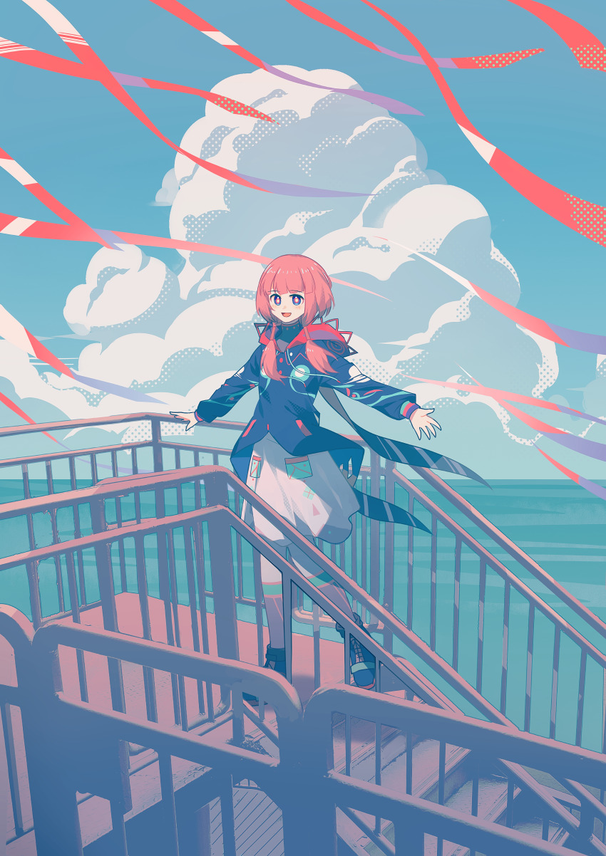 1girl, absurdres, blue_eyes, blue_jacket, blue_sky, boots, cloud, commentary