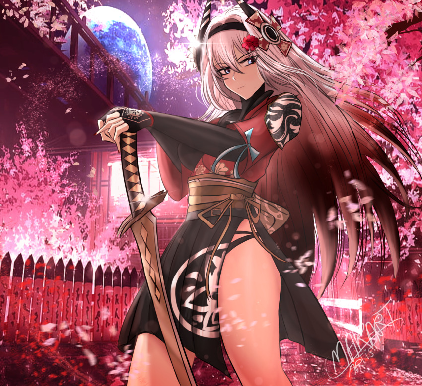 1girl, absurdres, alpha:_crimson_abyss_(volatile_priestess)_(pgr), black_gloves, black_hairband, blue_eyes, cherry_blossoms, cross_hair_ornament