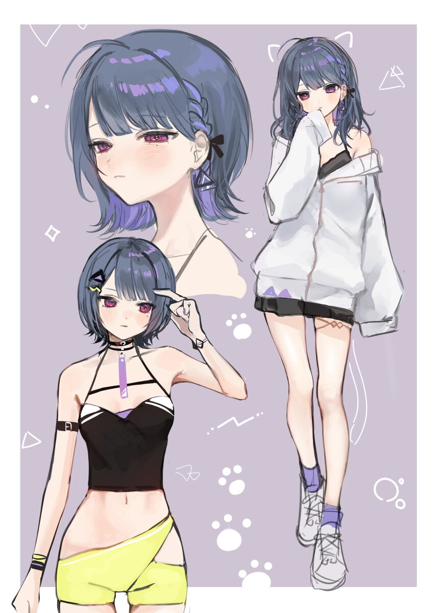 1girl, absurdres, arm_belt, bare_shoulders, black_camisole, black_choker, black_skirt, blue_hair