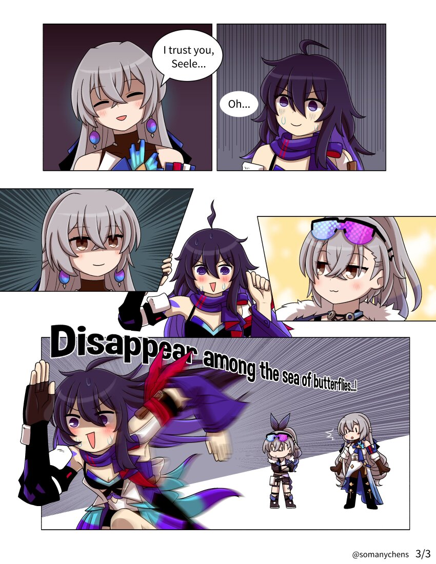 3girls, absurdres, ahoge, armband, black_footwear, black_gloves, blue_scarf, blush