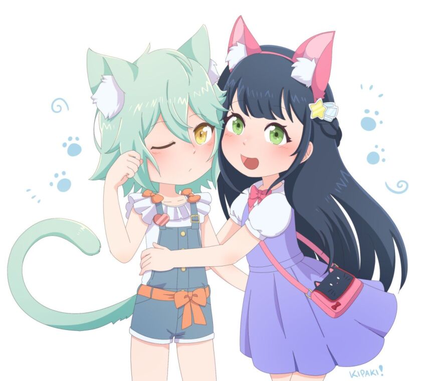 2girls, animal_ears, black_hair, cacao_(nekopara), cat_ears, cat_girl, cat_tail, child, chiyo_(nekopara), dress, green_eyes, green_hair, highres, hug, kipaki, long_hair, looking_at_viewer, multiple_girls, nekopara, simple_background, tail, white_background, yellow_eyes