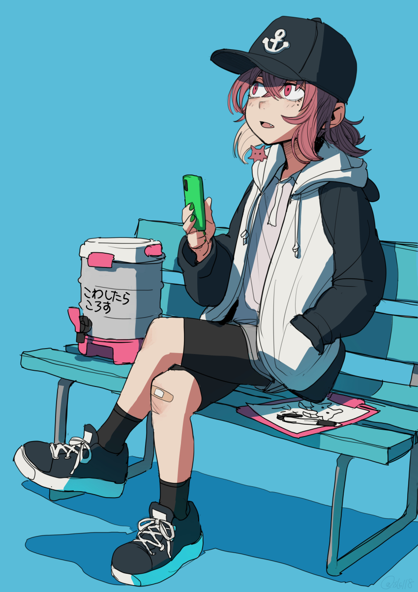 1girl, absurdres, anchor_print, bandaid, bandaid_on_knee, bandaid_on_leg, baseball_cap, bench