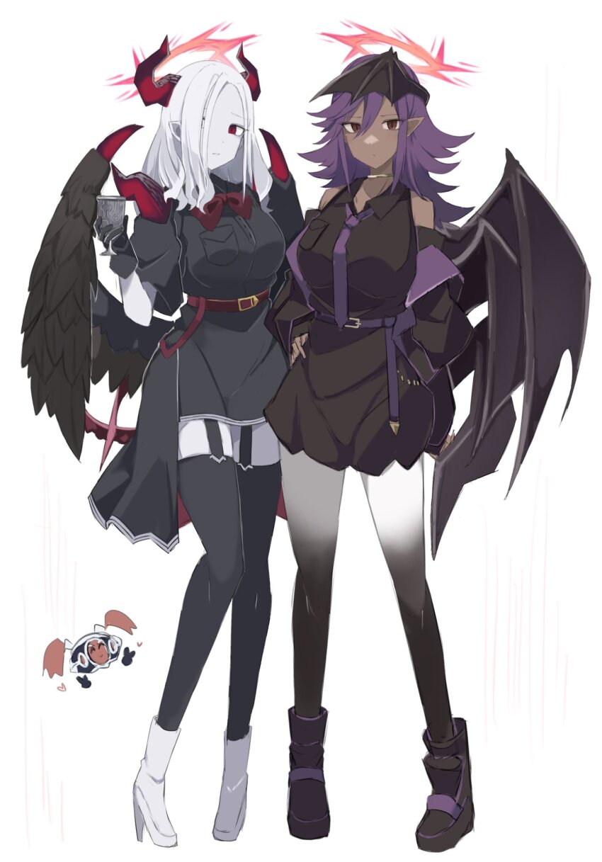 2girls, bare_shoulders, belt, black_gloves, breasts, brown_eyes, colored_extremities, condemned_darklord, cup, darklord_ixchel, darklord_superbia, demon_horns, demon_wings, detached_sleeves, dress, duel_monster, feathered_wings, full_body, garter_straps, gloves, halo, head_wings, high_heels, highres, holding, holding_cup, horns, large_breasts, long_sleeves, multiple_girls, pointy_ears, purple_hair, red_eyes, red_halo, sakuragi_raia, short_sleeves, skirt, thighhighs, white_hair, white_skirt, wings, yu-gi-oh!