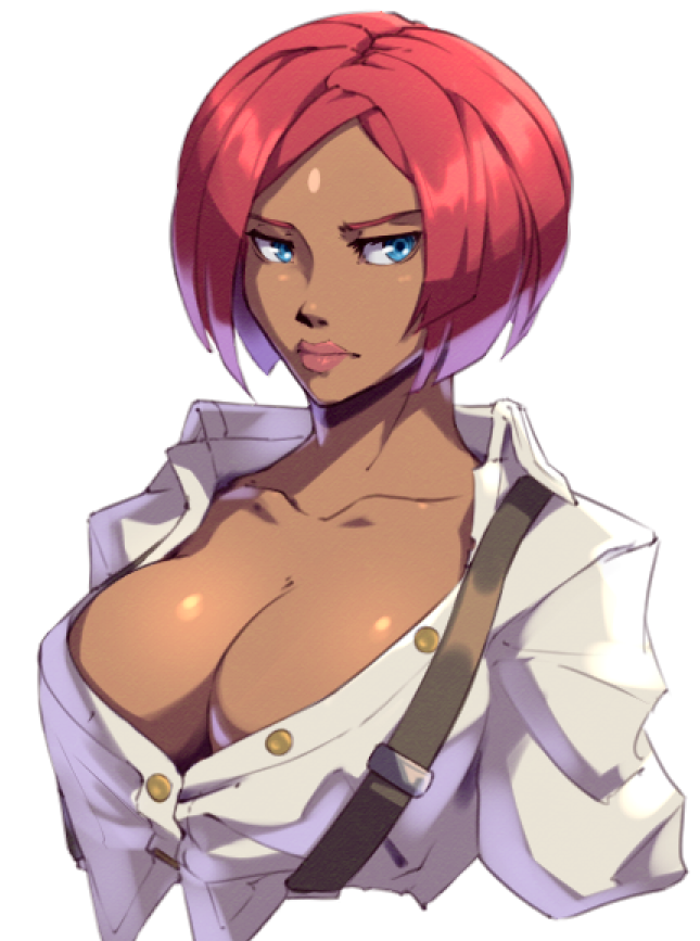 1girl, blizzardingpike, blue_eyes, breasts, cleavage, dark-skinned_female, dark_skin, giovanna_(guilty_gear)