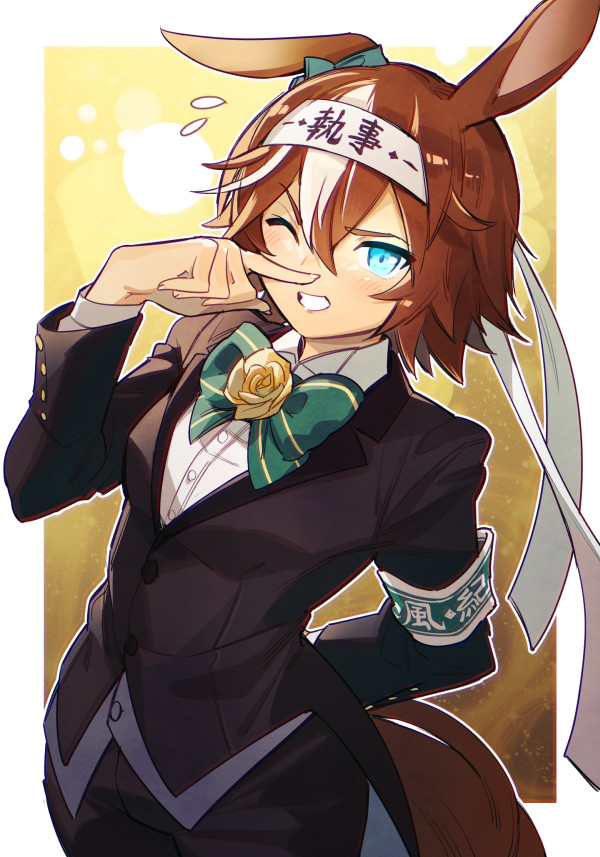 1boshi, 1girl, animal_ears, arm_behind_back, armband, bamboo_memory_(umamusume), black_jacket, black_pants