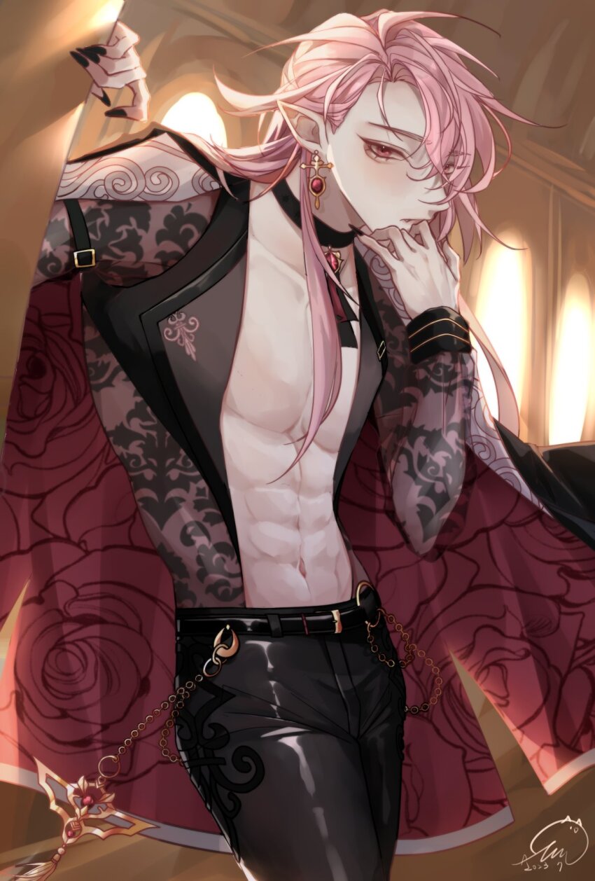 1boy, 2023, abs, aster_(nu_carnival), aster_(scarlet_finesse)_(nu_carnival), belt, bishounen, black_belt, black_choker, black_nails, black_pants, black_shirt, blush, choker, cross, cross_earrings, dated, earrings, highres, jewelry, leather, leather_pants, long_hair, long_sleeves, male_focus, nu_carnival, official_alternate_hair_length, official_alternate_hairstyle, open_clothes, open_shirt, pants, pink_hair, pointy_ears, red_eyes, see-through_clothes, see-through_sleeves, shirt, signature, solo, yau59918781