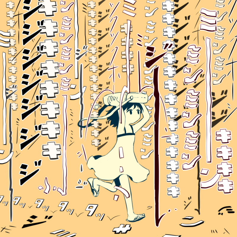 1girl, arms_up, avogado6, bag, bag_over_head, black_eyes, black_hair, cicada_cry_(sfx), commentary_request, dress, flip-flops, floating_hair, foot_up, holding, holding_bag, limited_palette, looking_ahead, medium_hair, no_mouth, no_sclera, orange_background, original, rain, running, sandals, short_dress, shoulder_bag, sleeveless, sleeveless_dress, solo, sound_effects, sundress, text_focus, translation_request, wide_shot