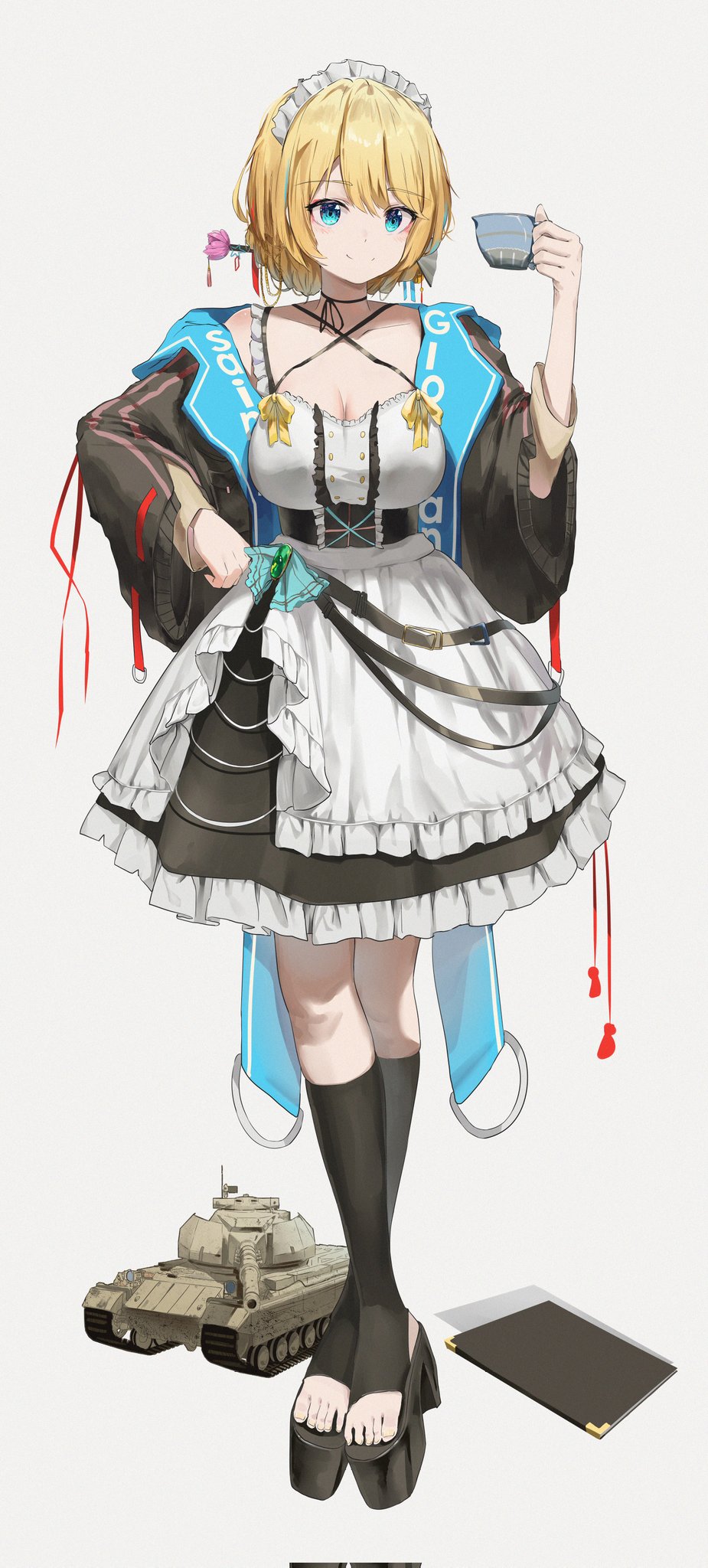 1girl, alternate_costume, apron, black_dress, blonde_hair, blue_eyes, braid, breasts, cleavage, commentary_request, conqueror_(tank), corrupted_twitter_file, corset, cup, darjeeling_(girls_und_panzer), dress, flower, french_braid, frilled_apron, frilled_dress, frills, girls_und_panzer, hair_bun, hair_flower, hair_ornament, hand_on_own_hip, highres, jsscj, light_blush, looking_at_viewer, maid_headdress, medium_breasts, platform_footwear, simple_background, single_hair_bun, smile, solo, stirrup_legwear, teacup, toeless_legwear, toes, two-tone_dress, white_apron, white_background