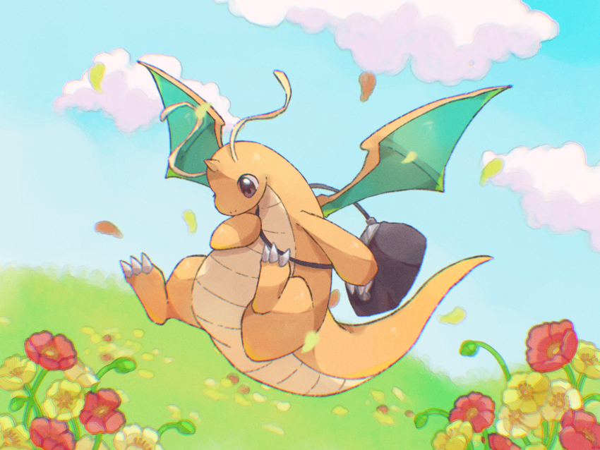 antennae, blue_sky, claws, cloud, cloudy_sky, day, dragon, dragon_tail, dragon_wings, dragonite, falling_petals, field, flower, flower_field, flying, full_body, gen_1_pokemon, grass, highres, nintendo, no_humans, petals, pokemon, pokemon_(creature), simple_background, sky, solo, tail, towa_(clonea), wings