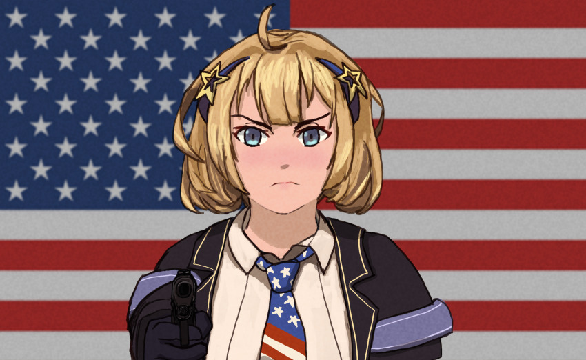 1girl, absurdres, ahoge, aiming, aiming_at_viewer, american_flag, american_flag_background, american_flag_neckwear