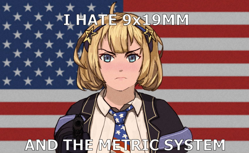 1girl, absurdres, ahoge, aiming, aiming_at_viewer, american_flag, american_flag_background, american_flag_neckwear