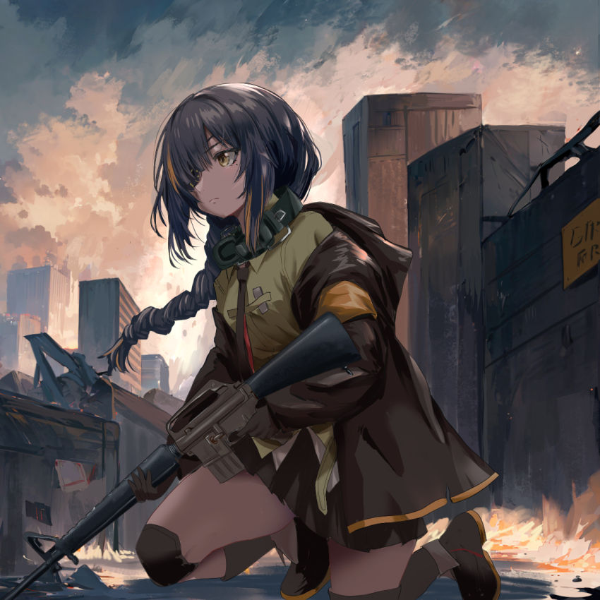1girl, assault_rifle, black_gloves, blonde_hair, braid, brown_hair, city, collared_shirt