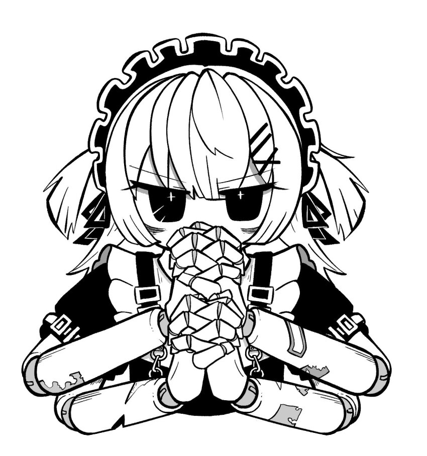 bags_under_eyes, bandaid, bandaid_on_arm, capelet, commentary_request, covered_mouth, cropped_torso, cross-shaped_pupils, doll_joints, extra_arms, frilled_capelet, frilled_hairband, frills, greyscale, hair_ornament, hair_ribbon, hairband, hands_up, highres, joints, kani_beam, long_hair, looking_at_viewer, monochrome, original, own_hands_clasped, own_hands_together, puffy_short_sleeves, puffy_sleeves, ribbon, serious, short_sleeves, solo, straight-on, suspenders, symbol-shaped_pupils, two_side_up, v-shaped_eyebrows, x_hair_ornament