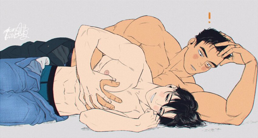 !, 2boys, abs, aqua_male_underwear, artist_name, bara, black_hair, black_pants