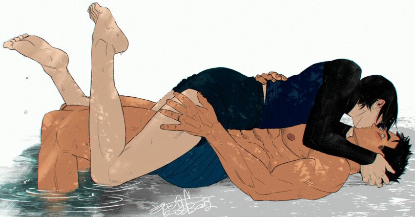 2boys, abs, artist_name, bara, black_hair, black_shirt, black_shorts, blue_shirt