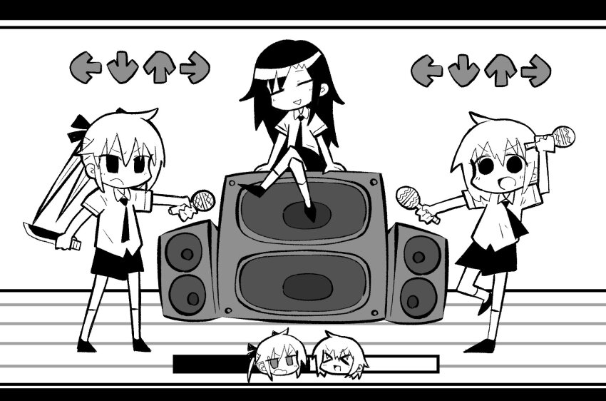 >_<, 3girls, =_=, arm_up, arrow_(symbol), chibi, chibi_inset, collared_shirt, crossed_legs, friday_night_funkin', frown, full_body, gameplay_mechanics, goshiki_agiri, greyscale, highres, holding, holding_instrument, holding_knife, holding_microphone, instrument, jitome, kani_beam, kill_me_baby, kneehighs, knife, letterboxed, long_hair, maracas, microphone, monochrome, multiple_girls, multiple_views, necktie, open_mouth, oribe_yasuna, outstretched_arm, parody, reverse_grip, school_uniform, shirt, shoes, short_hair, short_sleeves, sitting, sitting_on_object, skirt, smile, socks, sonya_(kill_me_baby), speaker, standing, standing_on_one_leg, triangle_mouth, twintails, v-shaped_eyebrows, wooden_floor