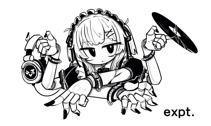 1girl, bags_under_eyes, bow, bowtie, collared_shirt, cracked_skin, cropped_torso, cross-shaped_pupils, doll_joints, extra_arms, fingernails, frilled_hairband, frills, hair_over_shoulder, hair_ribbon, hairband, half-closed_eyes, hands_up, highres, holding_record, index_finger_raised, joints, kani_beam, long_fingernails, long_hair, looking_at_viewer, nail_polish, open_mouth, original, puffy_short_sleeves, puffy_sleeves, ribbon, sanpaku, shirt, short_sleeves, simple_background, smile, solo, symbol-shaped_pupils, two_side_up, vinyl_record, wrist_belt, x_arms