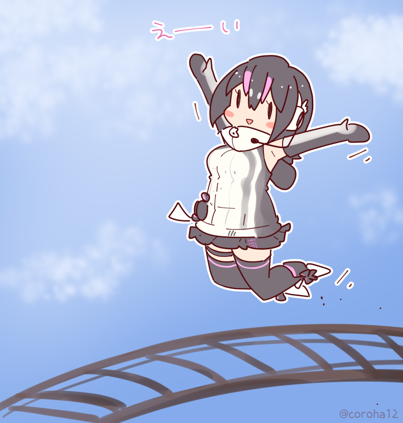 1girl, black_hair, coroha, hood, hoodie, humboldt_penguin_(kemono_friends), jumping, kemono_friends
