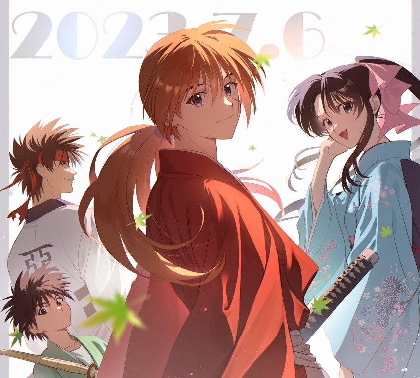 1girl, 3boys, black_hair, blue_eyes, blue_kimono, brown_eyes, brown_hair, closed_mouth