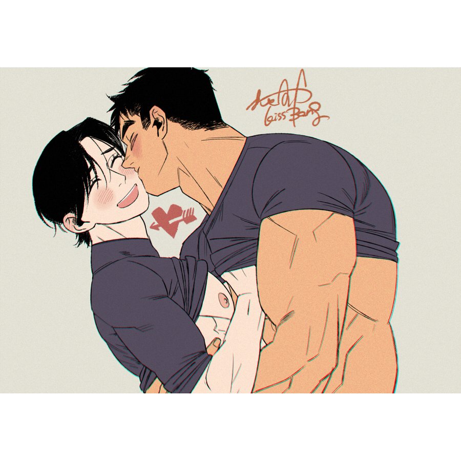2boys, artist_name, bara, bare_pectorals, black_hair, blush, closed_eyes, clothes_lift
