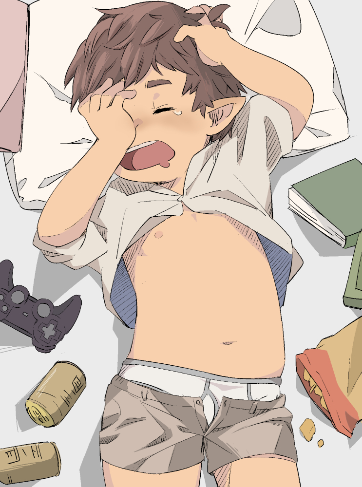 1boy, acnhiti, arms_up, bag_of_chips, briefs, brown_hair, bug, can, child, chinese_commentary, chips_(food), closed_eyes, clothes_lift, commentary_request, controller, cowboy_shot, drink_can, elementary_school_age, fly, food, from_above, game_controller, hand_in_own_hair, hand_on_own_face, insect, lying, male_focus, male_underwear, male_underwear_peek, messy, midriff, navel, nipples, on_back, on_bed, open_clothes, open_fly, open_mouth, open_shorts, original, partially_unbuttoned, pillow, pointy_ears, shirt_lift, short_hair, short_shorts, short_sleeves, shorts, sleepy, soda_can, solo, stomach, teeth, unbuttoned_pants, underwear, underwear_peek, upper_teeth_only, white_male_underwear