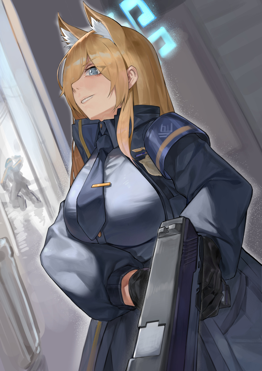 1girl, 1other, absurdres, animal_ears, armband, black_gloves, black_necktie, blue_archive