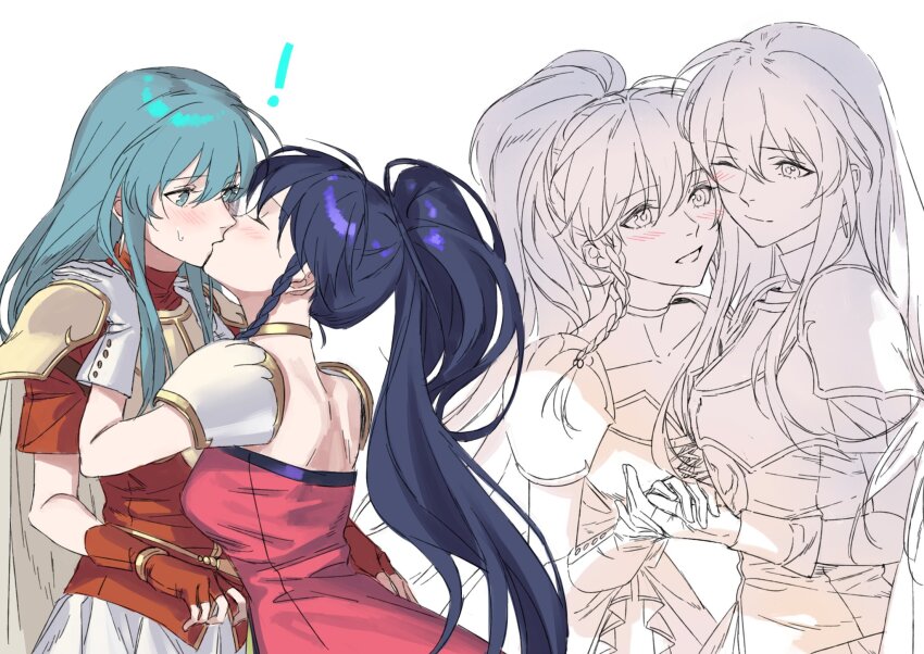 blue_hair, blush, closed_eyes, eirika_(fire_emblem), fire_emblem, fire_emblem:_the_sacred_stones, gloves, hand_on_another's_shoulder, highres, holding_hands, kiss, mik_blamike, nintendo, ponytail, princess, surprise_kiss, surprised, tana_(fire_emblem), yuri