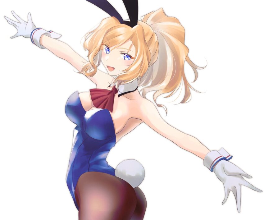 1girl, alternate_costume, alternate_hairstyle, animal_ears, ascot, ass, black_pantyhose, blonde_hair, blue_eyes, blue_leotard, breasts, commentary_request, detached_collar, honolulu_(kancolle), kantai_collection, large_breasts, leotard, long_hair, outstretched_arms, pantyhose, playboy_bunny, ponytail, rabbit_ears, rabbit_tail, red_ascot, simple_background, smile, solo, strapless, strapless_leotard, tail, thong_leotard, tsukasa_(tukasa_br), white_background, wrist_cuffs