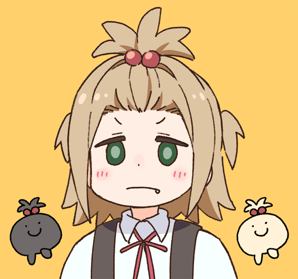 1girl, alternate_hairstyle, bangs_pinned_back, c:, commentary, dot_nose, fang, fang_out