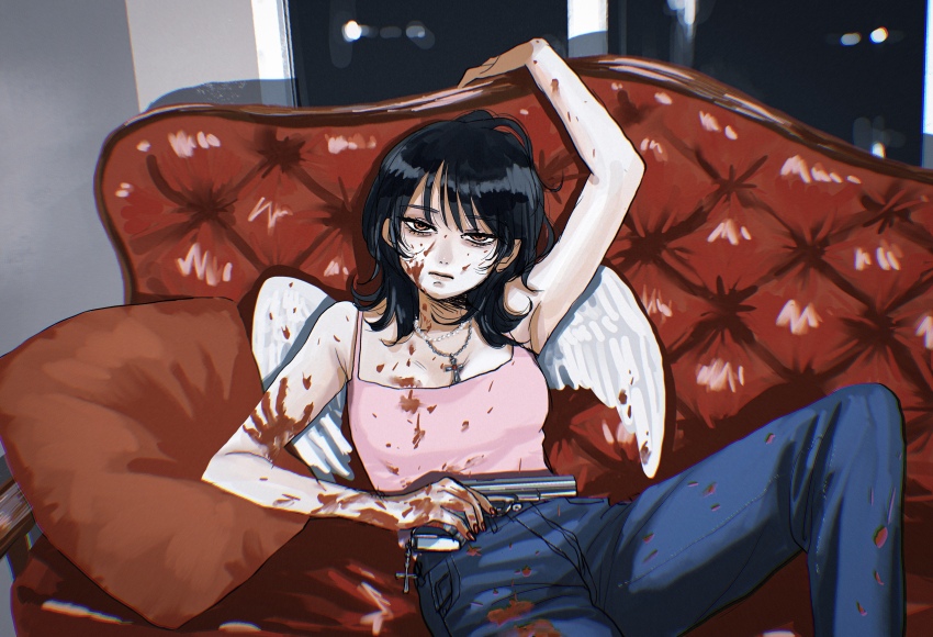 1girl, absurdres, angel, angel_wings, arm_up, bags_under_eyes, black_hair, blood