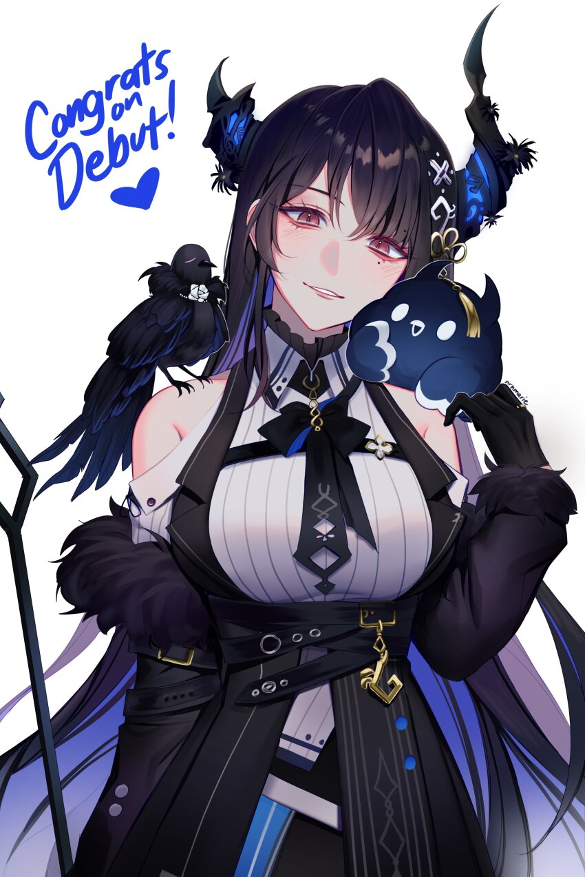 1girl, absurdres, asymmetrical_horns, bare_shoulders, bird, black_hair, blue_hair, clothing_cutout