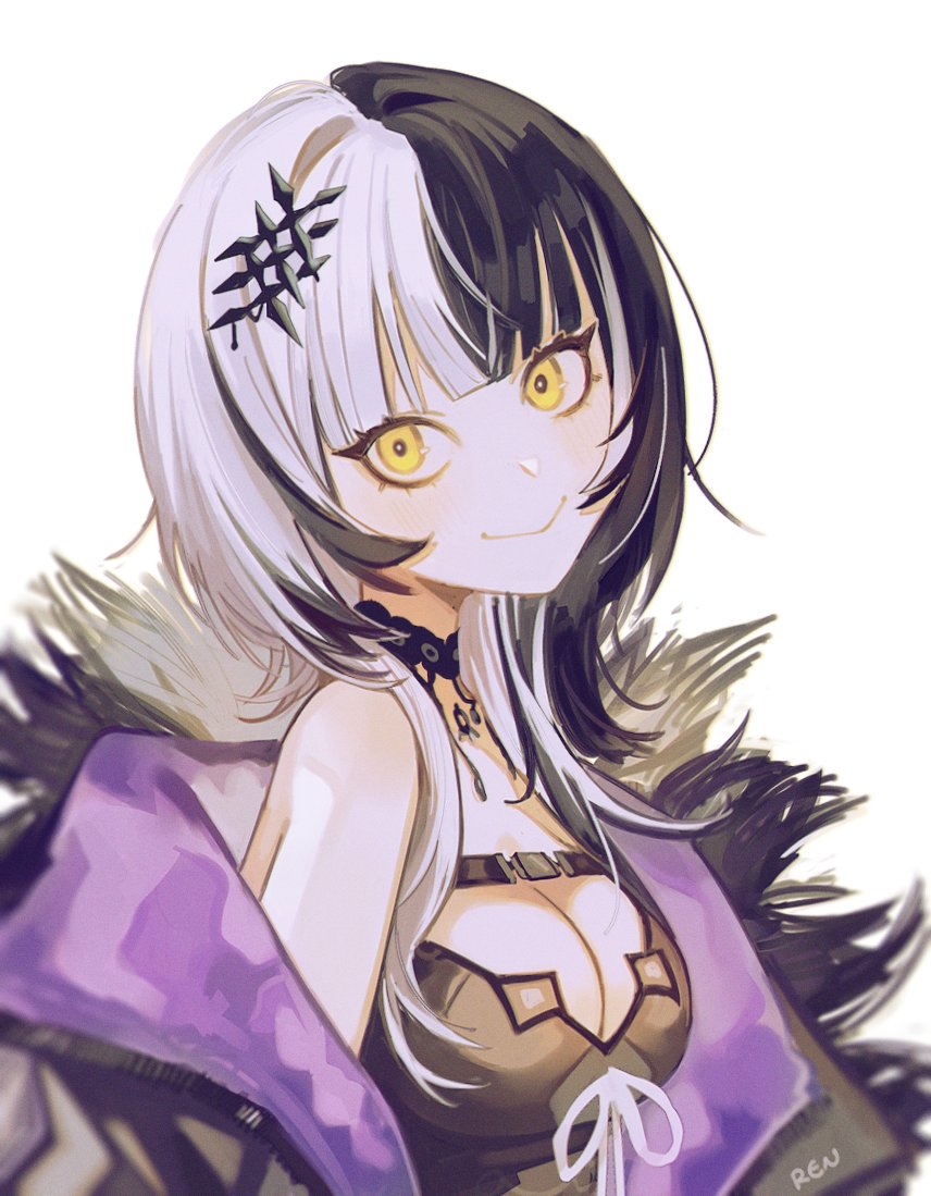 1girl, black_hair, blunt_bangs, breasts, choker, commentary, fur_trim, hair_ornament