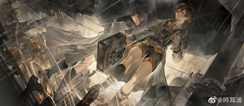 2boys, :/, absurdres, bishounen, black_coat, black_sclera, black_socks, black_umbrella