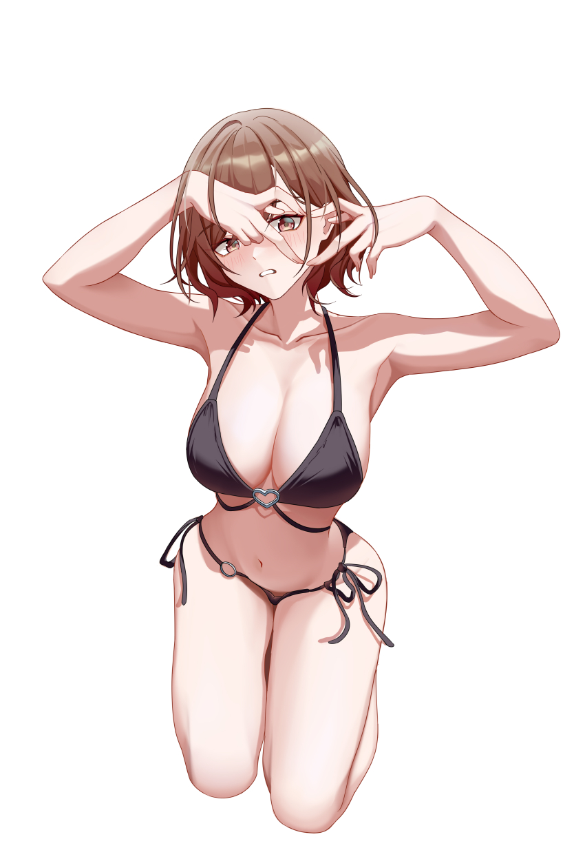 1girl, absurdres, alternate_breast_size, bikini, black_bikini, breasts, brown_eyes, brown_hair