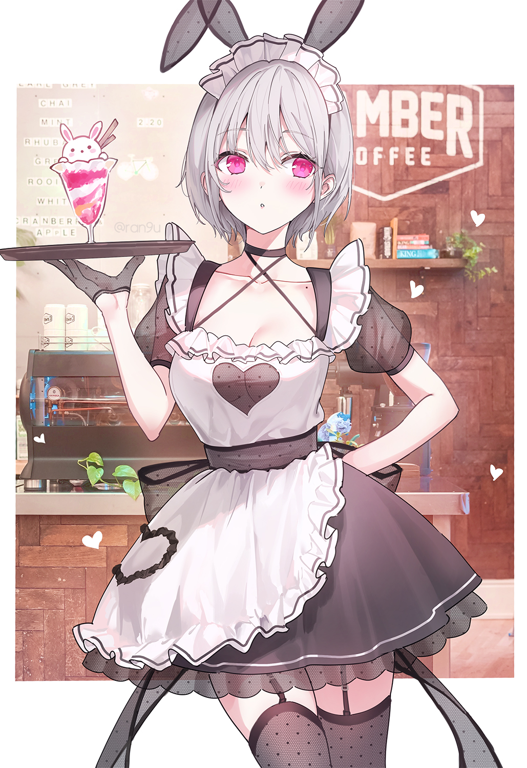 1girl, :o, animal_ears, apron, arm_behind_back, barista, black_dress, black_garter_straps