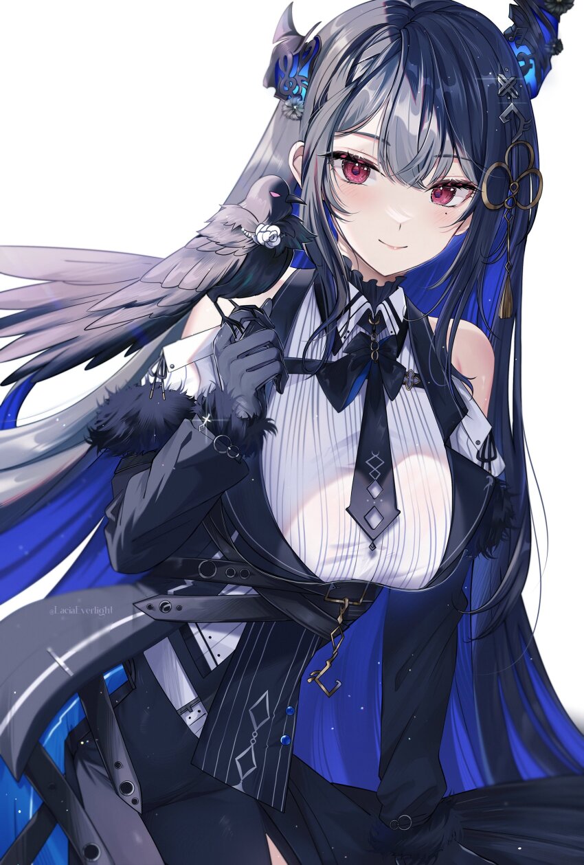 1girl, absurdres, asymmetrical_horns, bare_shoulders, bird, black_hair, blue_hair, blush
