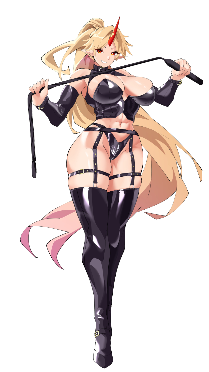 1girl, abs, absurdres, bdsm, black_panties, black_thighhighs, blonde_hair, bondage_outfit, breasts, commentary_request, detached_sleeves, dominatrix, fugaku_(miko_no_miyatsuguchi), full_body, garter_straps, halterneck, highres, holding, holding_whip, horns, hoshiguma_yuugi, large_breasts, latex, latex_thighhighs, leather_panties, long_hair, looking_at_viewer, navel, oni, oni_horns, panties, pointy_ears, ponytail, red_horns, single_horn, smile, star_(symbol), thighhighs, touhou, underwear, very_long_hair, whip, white_background