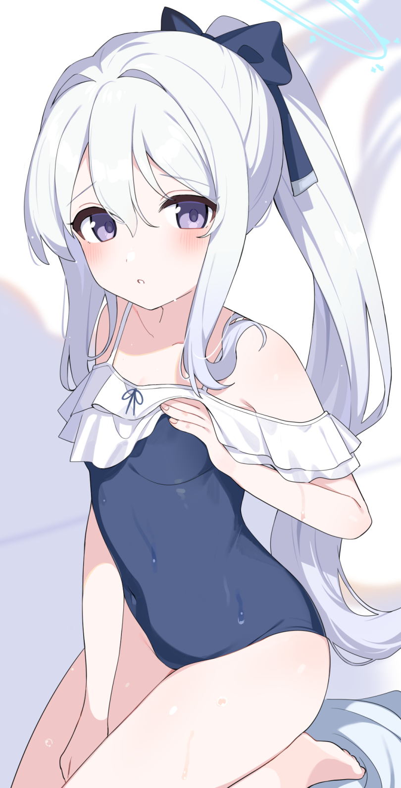 1girl, bare_shoulders, blue_archive, blue_one-piece_swimsuit, blush, breasts, collarbone, commentary_request