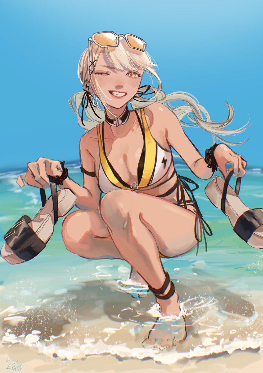 1girl, absurdres, bare_shoulders, belt, bikini, black_choker, breasts, choker, dark-skinned_female, dark_skin, eyewear_on_head, fang, highres, holding, holding_sandals, jacket, kaminari_qpi, kaminari_qpi_(summer_c102), large_breasts, light_smile, lips, long_hair, looking_at_viewer, orange_eyes, sandals, side-tie_bikini_bottom, solo, sunglasses, swimsuit, twintails, virtual_youtuber, vspo!, zoramaruta