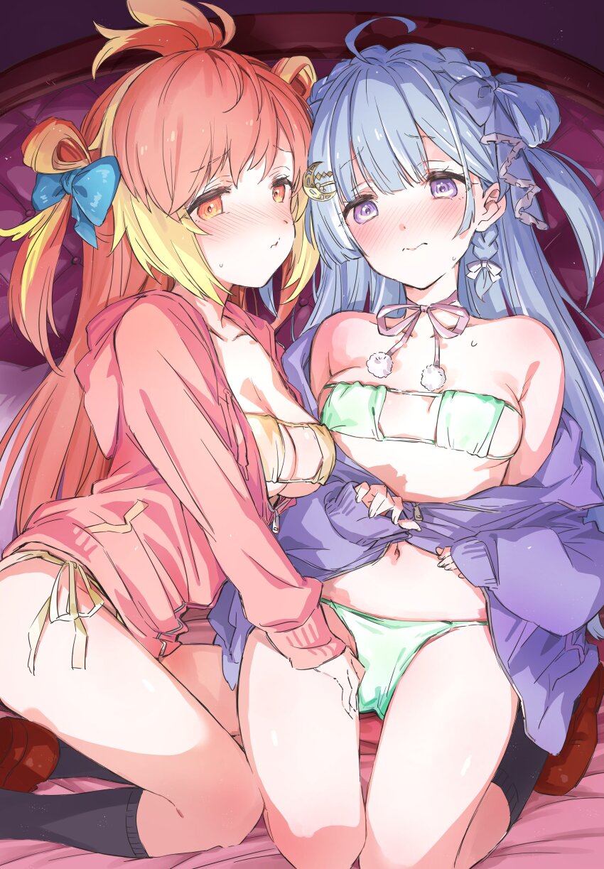 2girls, absurdres, alternate_costume, amaui, bed, bikini, bikini_under_clothes, black_socks