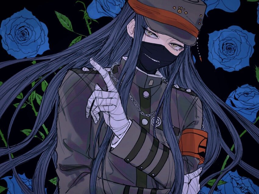 1boy, armband, black_background, black_hair, blue_flower, blue_rose, breast_pocket, brown_headwear, brown_jacket, danganronpa_(series), danganronpa_v3:_killing_harmony, flower, hand_up, jacket, long_hair, long_sleeves, male_focus, mask, mouth_mask, pocket, red_armband, rose, shinguji_korekiyo, shiranuhi, solo, thorns