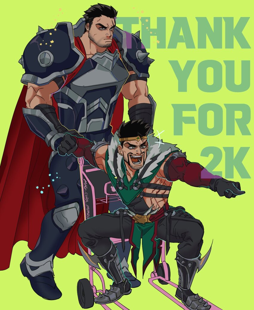 2boys, :d, annoyed, armor, beard, black_gloves, black_hair, black_pants