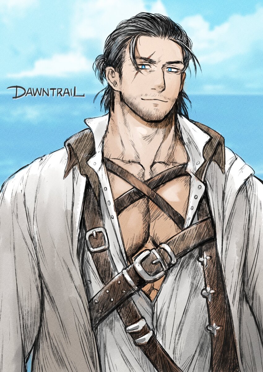 1boy, absurdres, adventurer_(ff14), bara, beard_stubble, blue_eyes, chest_belt, chest_harness