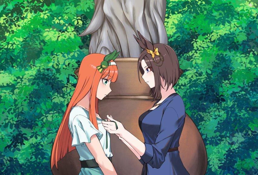 2girls, air_groove_(umamusume), animal_ears, black_shirt, blue_eyes, blue_jacket, bow, brown_hair